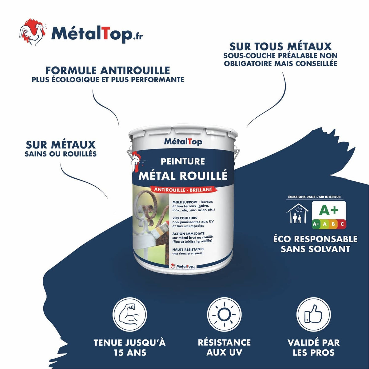 Pot de peinture MétalTop antirouille pour métal rouillé, présentation des atouts du produit