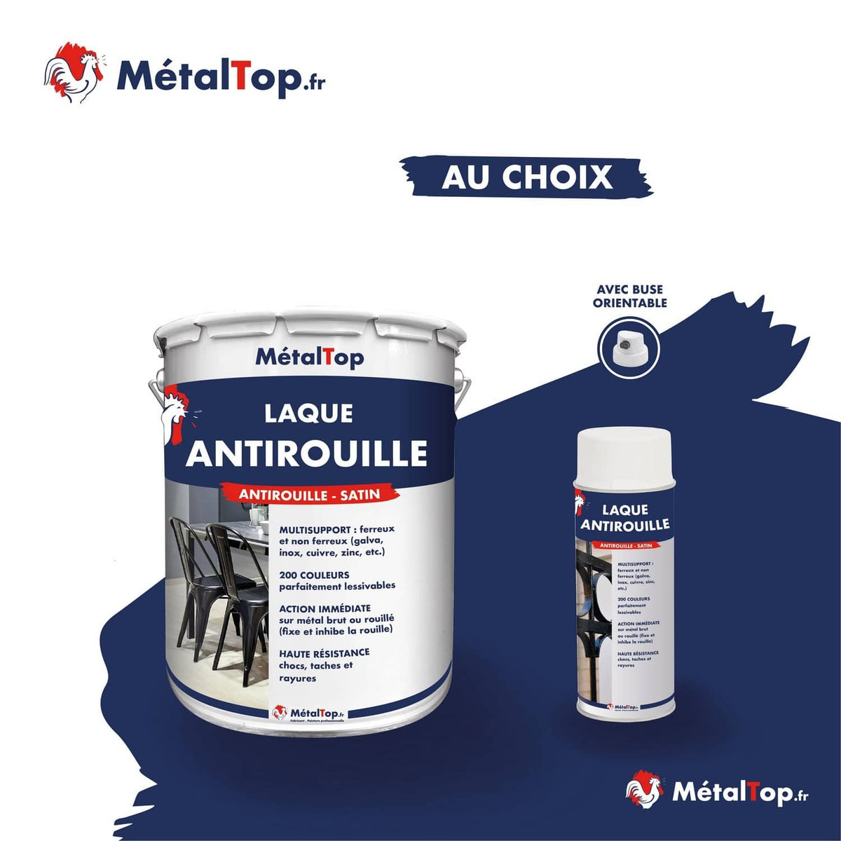 Pot de laque antirouille satin MétalTop bleu marine et aérosol avec buse orientable