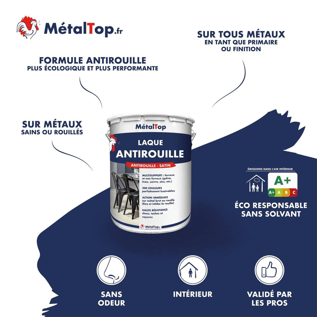 Pot de laque antirouille MétalTop satin, sans solvant, pour métaux ferreux et non ferreux