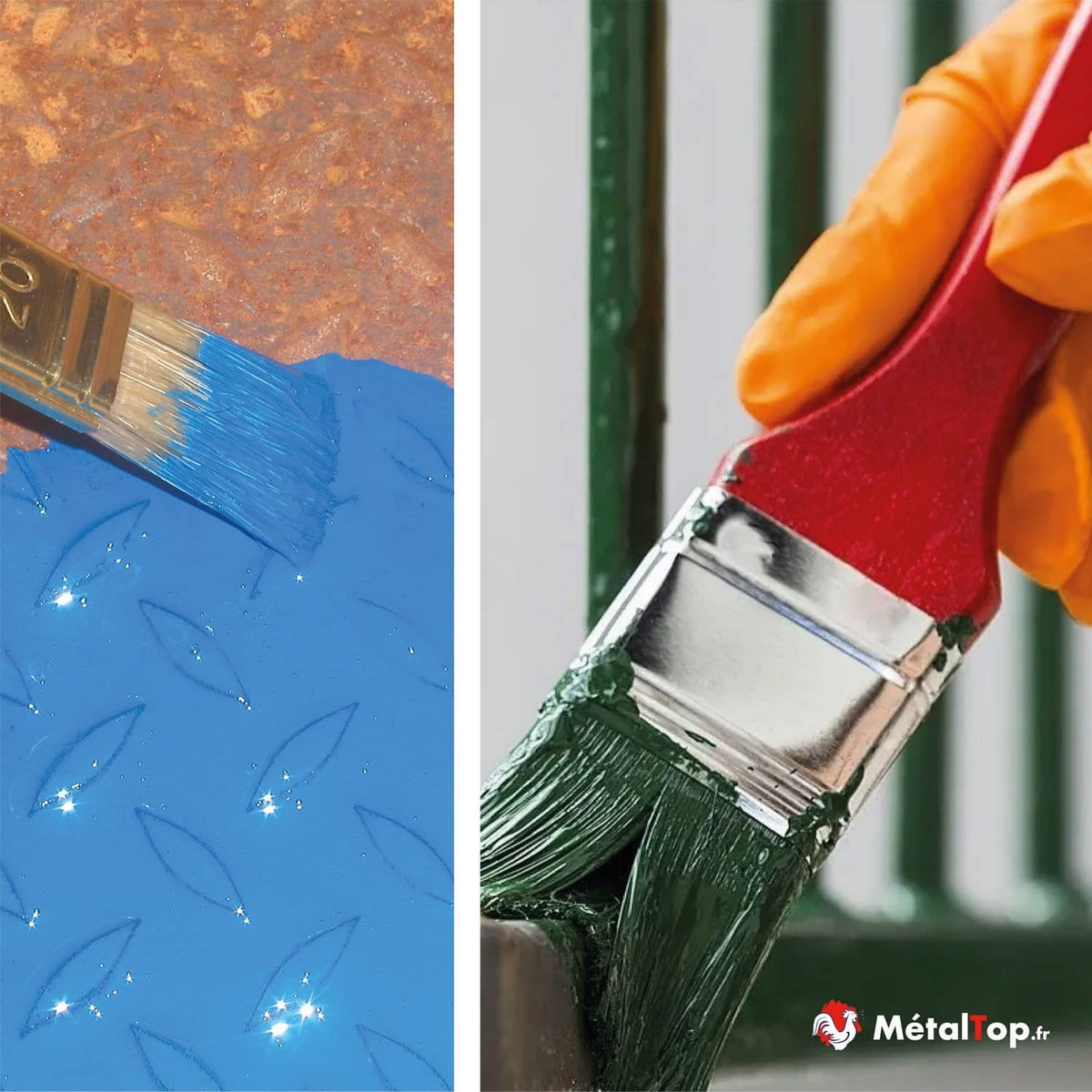 Pinceau peignant en bleu une tôle rouillée, et en vert une grille métallique