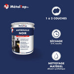 Pot de peinture antirouille noir mat MétalTop, multisupport, séchage 2 h par couche