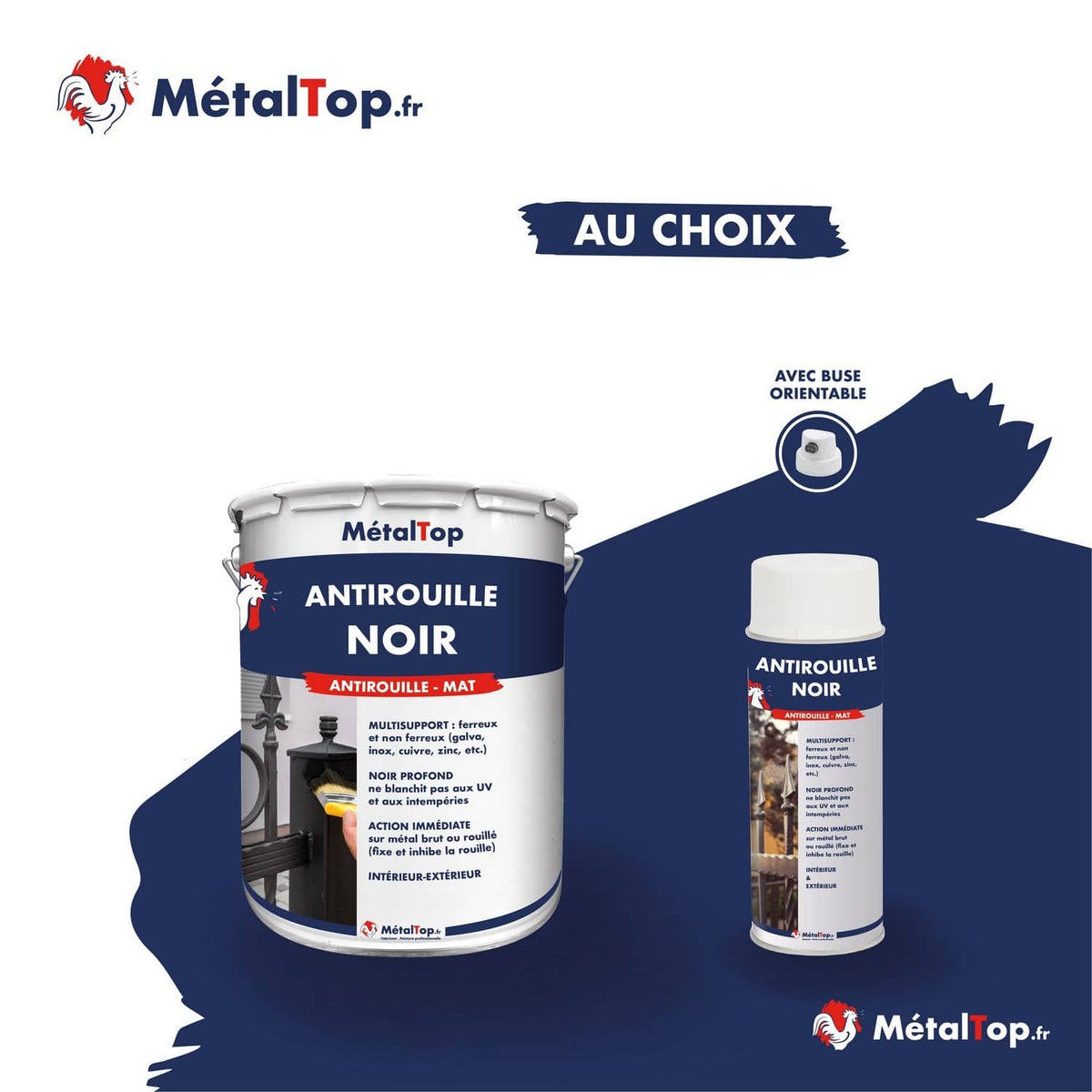 Pot de peinture antirouille noir mat MétalTop et bombe aérosol antirouille noir à buse orientable