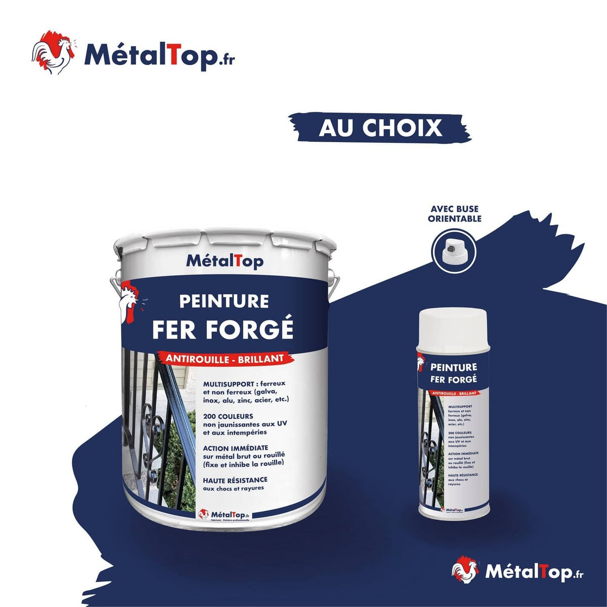 Pot et bombe aérosol de peinture fer forgé MétalTop bleu marine, antirouille et brillant