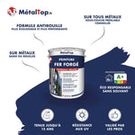 Pot de peinture fer forgé antirouille brillant MétalTop, étiquette bleu marine