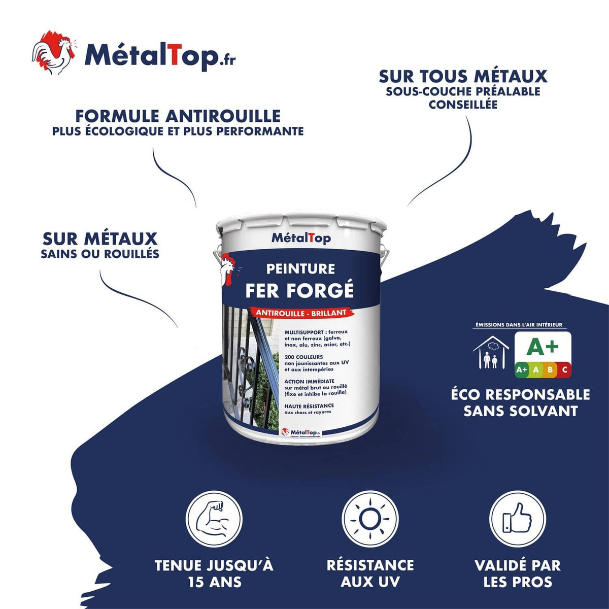 Pot de peinture fer forgé antirouille brillant MétalTop, étiquette bleu marine