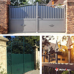 Collage de portails en métal gris et vert avec ornements, et grille en fer forgé à pointes