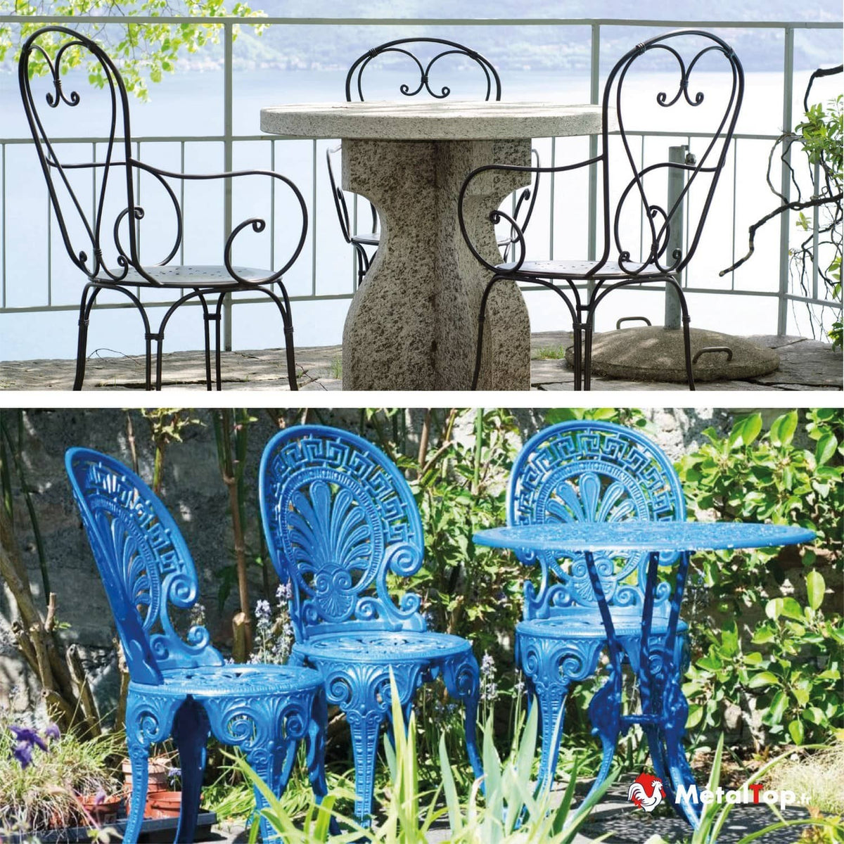 Mobilier de jardin en fer forgé noir et table en pierre ; ensemble bistrot bleu en fonte ornée