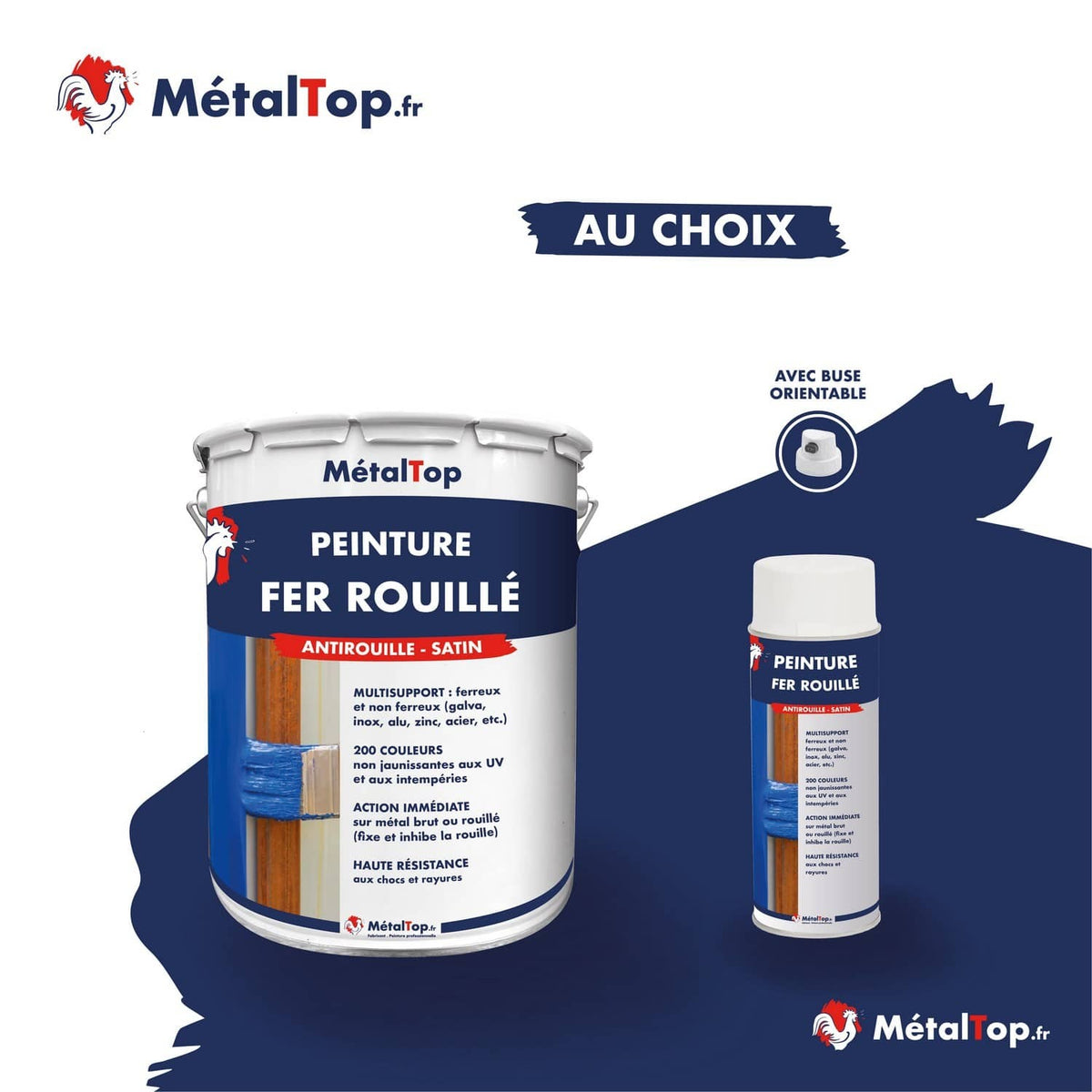 Pot et aérosol de peinture fer rouillé MétalTop antirouille satin sur fond bleu marine