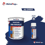 Pot et aérosol de peinture fer rouillé MétalTop antirouille satin sur fond bleu marine