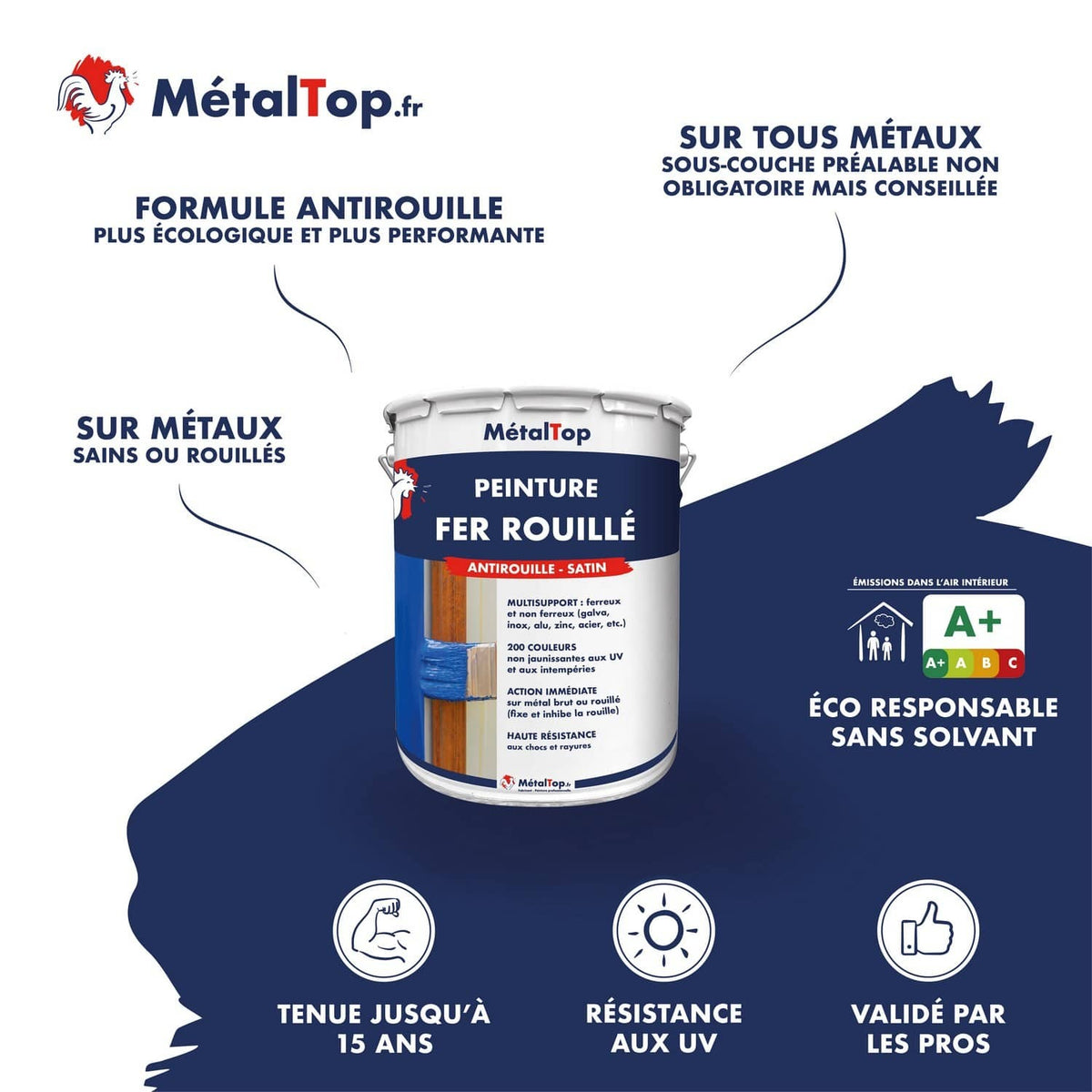 Pot de peinture antirouille satin Fer Rouillé MétalTop, multisupport, tenue jusqu'à 15 ans
