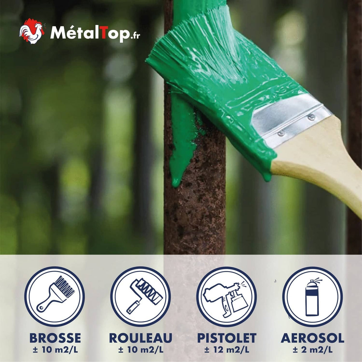 Peinture verte appliquée au pinceau sur un métal rouillé, produit MétalTop