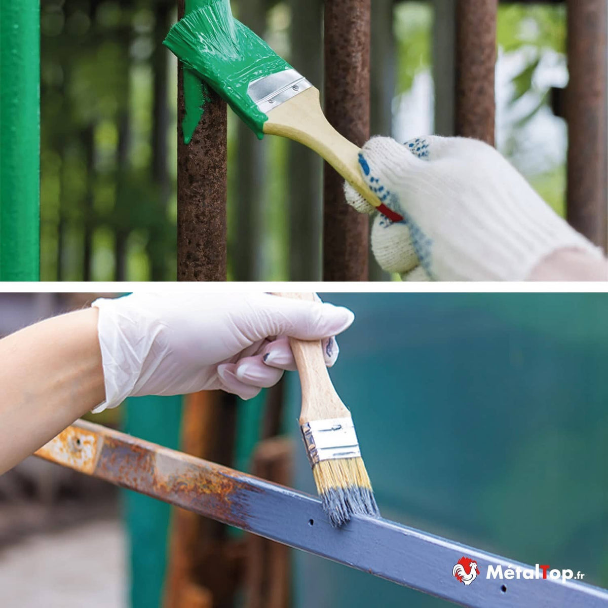 Peinture anti-rouille sur métal rouillé : pinceau vert sur grille et barre bleue