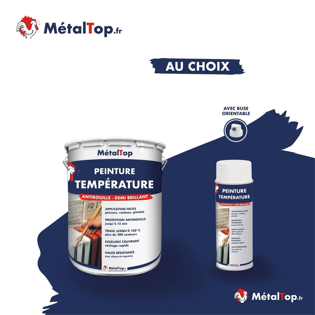 Pot et bombe aérosol de peinture température antirouille MétalTop demi brillant sur fond bleu marine