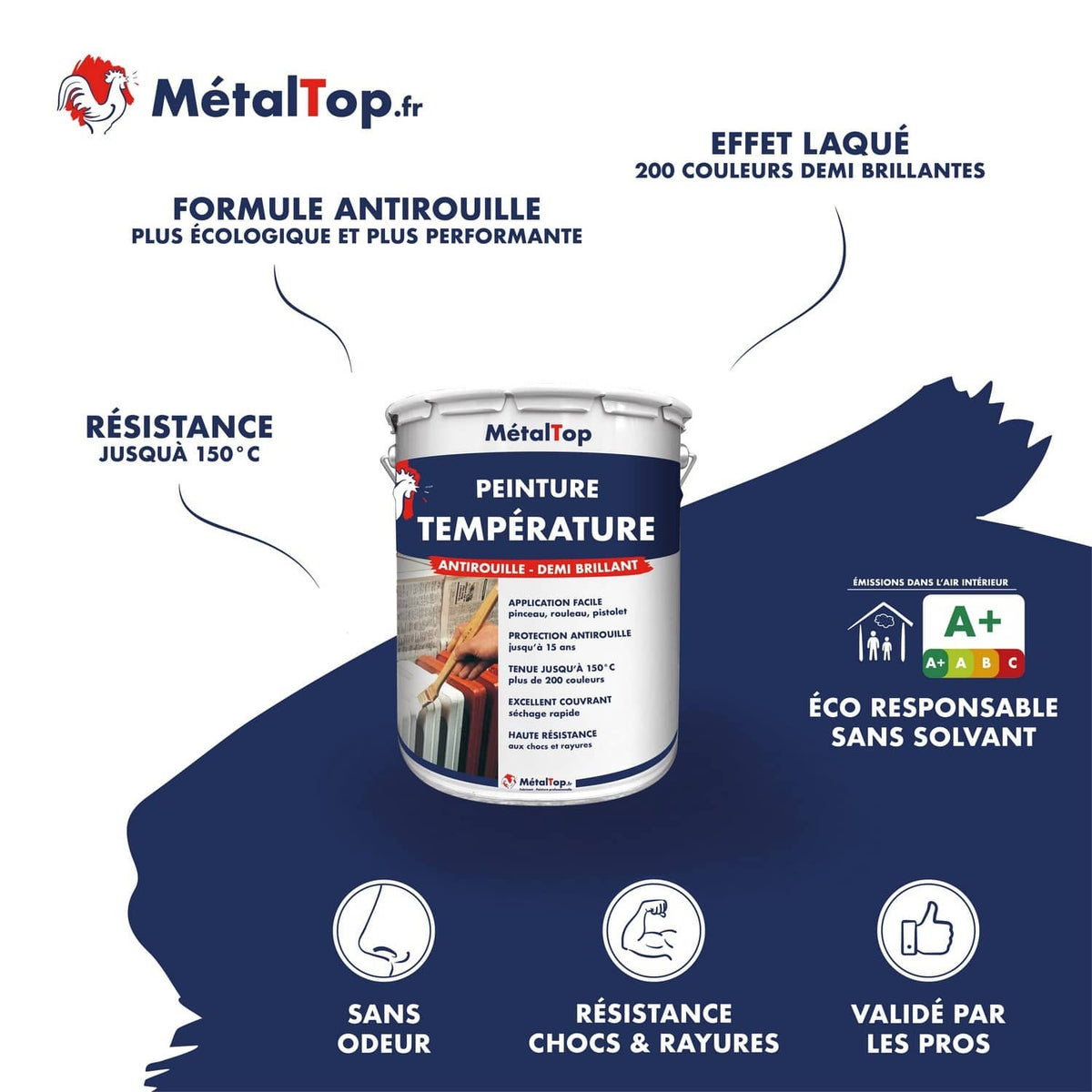 Pot de peinture MétalTop anti-rouille demi brillante, résistance 150°C, sans solvant, 200 couleurs