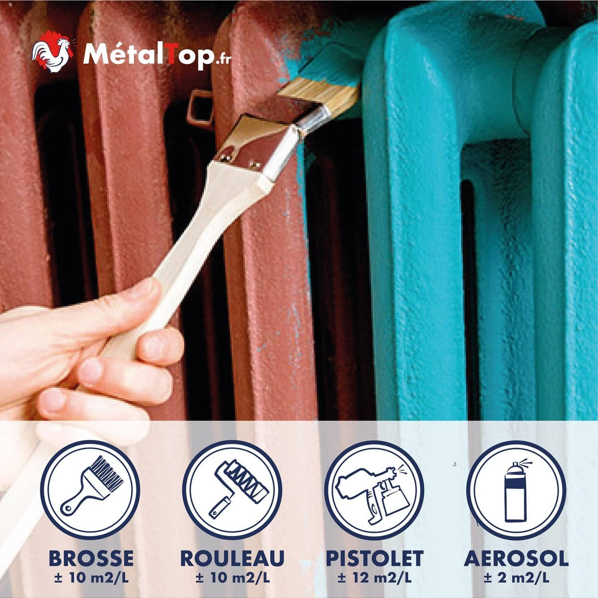 Radiateur repeint en turquoise au pinceau, rendements brosse, rouleau, pistolet et aérosol