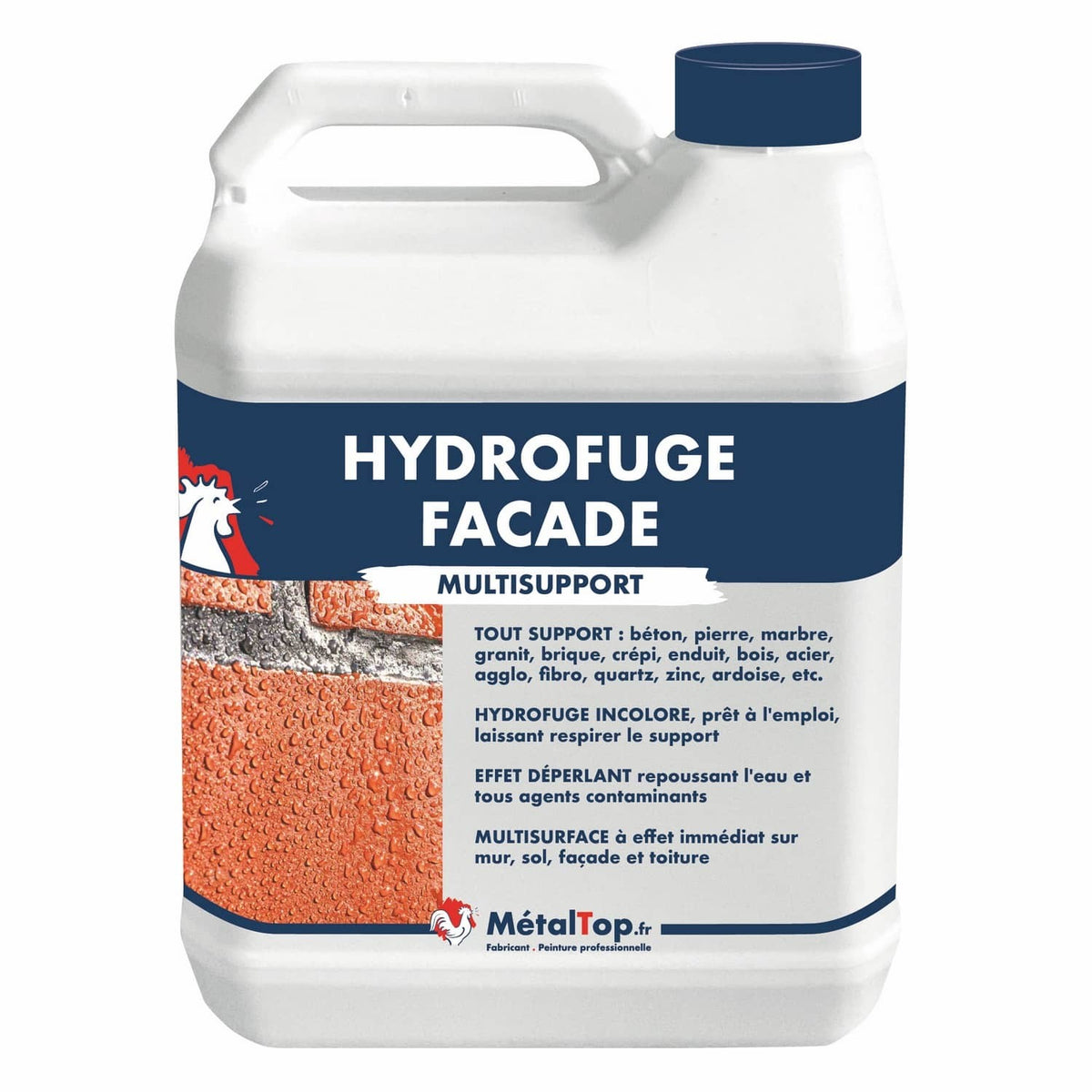 Bidon blanc Hydrofuge Façade MétalTop, hydrofuge incolore multisupport pour béton et brique