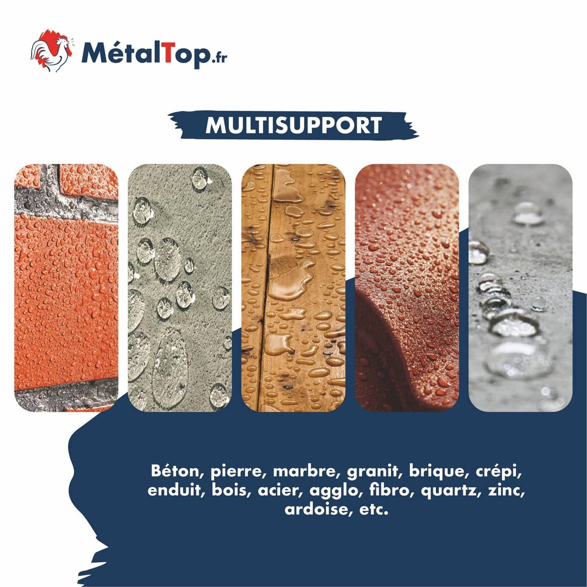 Gouttes d'eau sur brique, béton, bois, zinc et ardoise : revêtement MetalTop multisupport