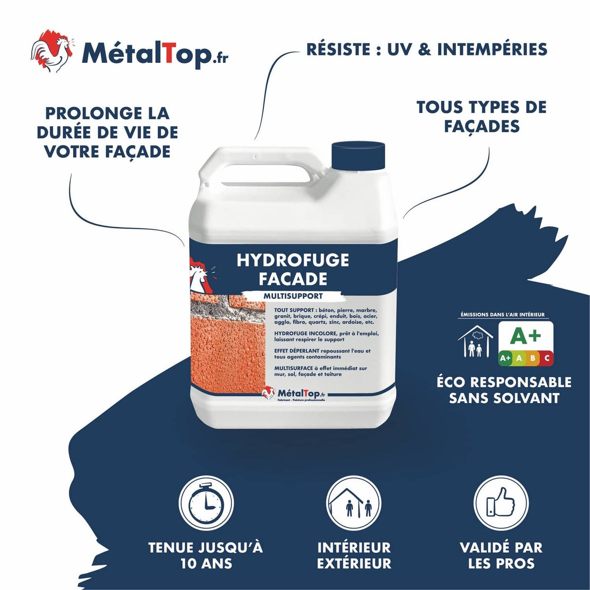 Bidon d'hydrofuge façade MétalTop incolore, multisupport pour béton, pierre et brique