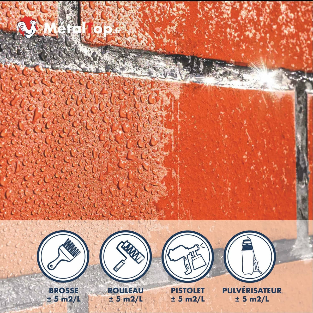 Mur en brique rouge peint avec MétalTop, perles d'eau sur la peinture, 4 modes d'application