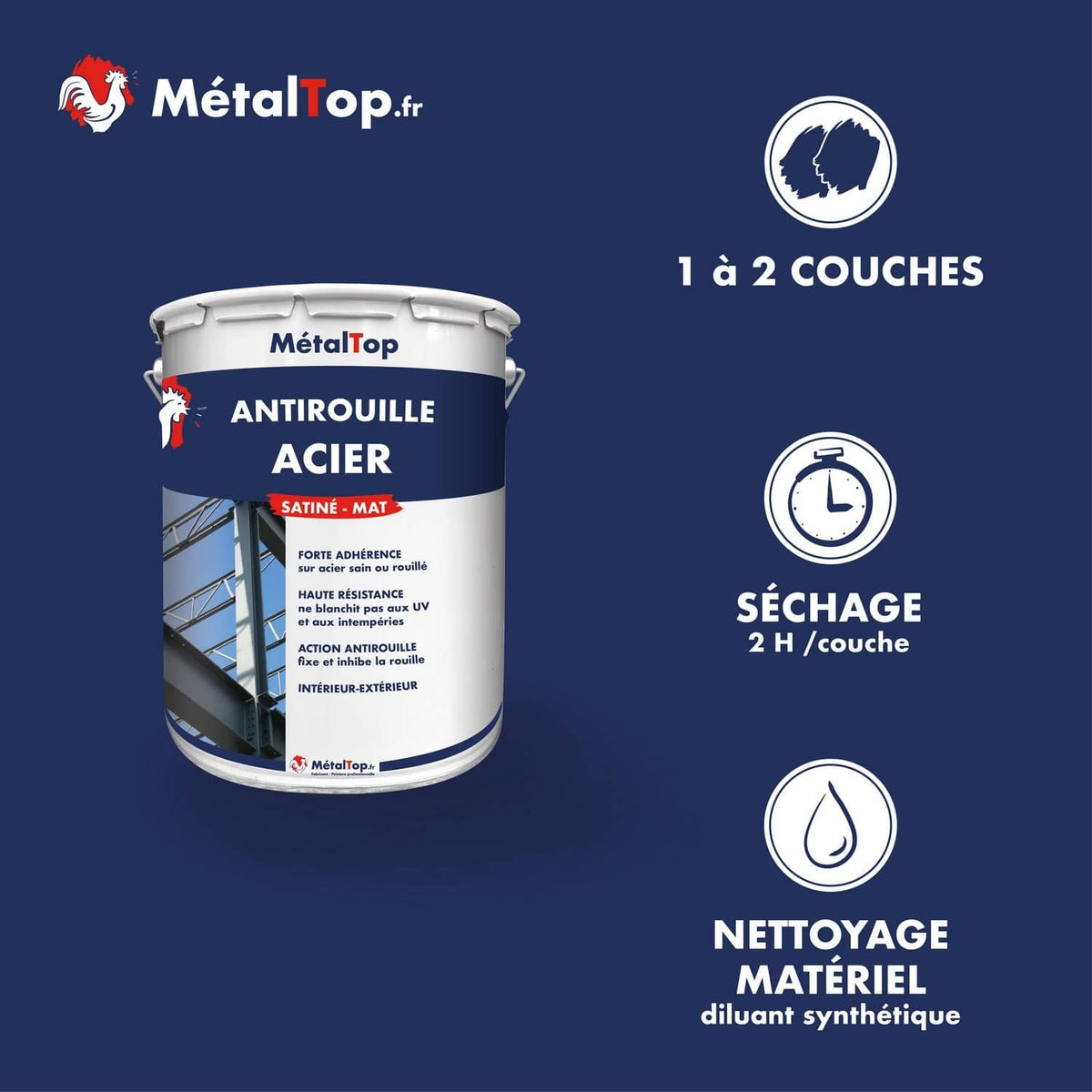 Pot de peinture antirouille acier MétalTop, finition satinée-mate, pour intérieur et extérieur