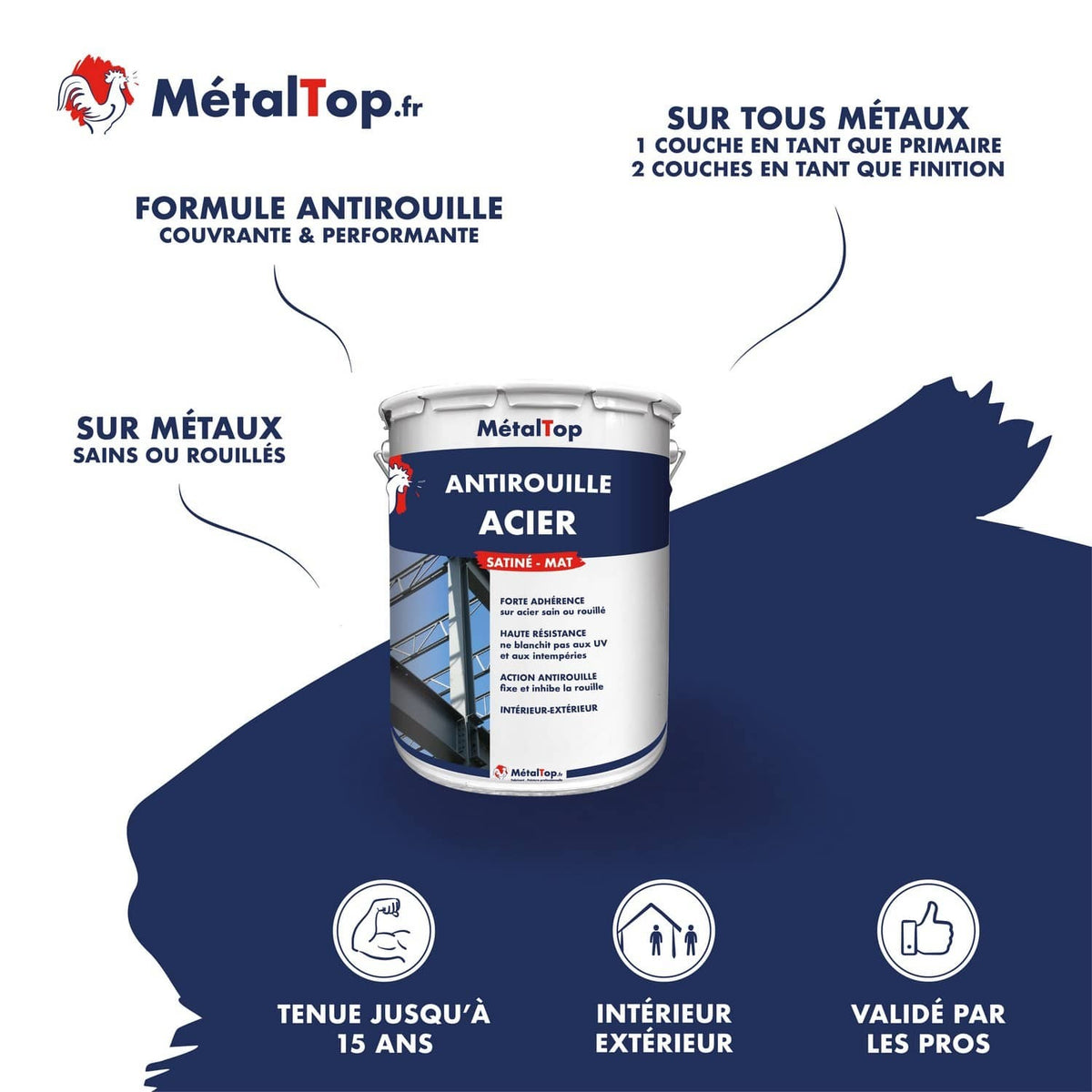 Pot de peinture antirouille acier MétalTop satinée mat, bande bleu marine