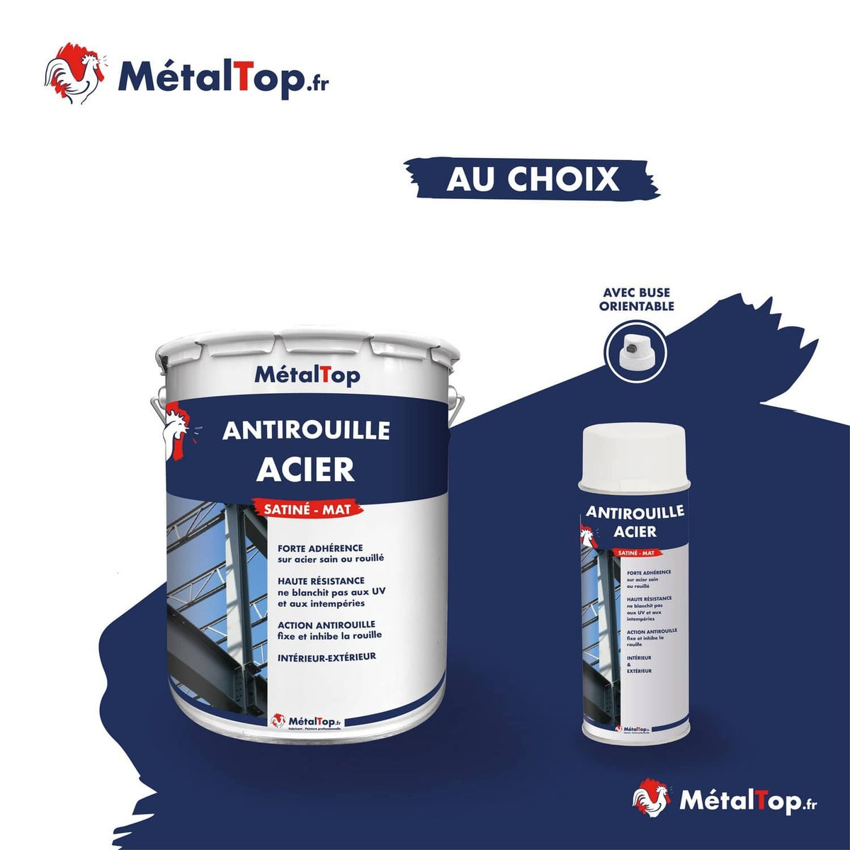 Bidon et bombe aérosol de peinture antirouille acier MétalTop satiné-mat, avec buse orientable