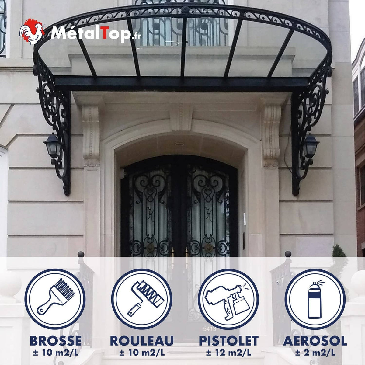 Auvent noir en fer forgé sur porte d'entrée et comparatif des outils de peinture MétalTop