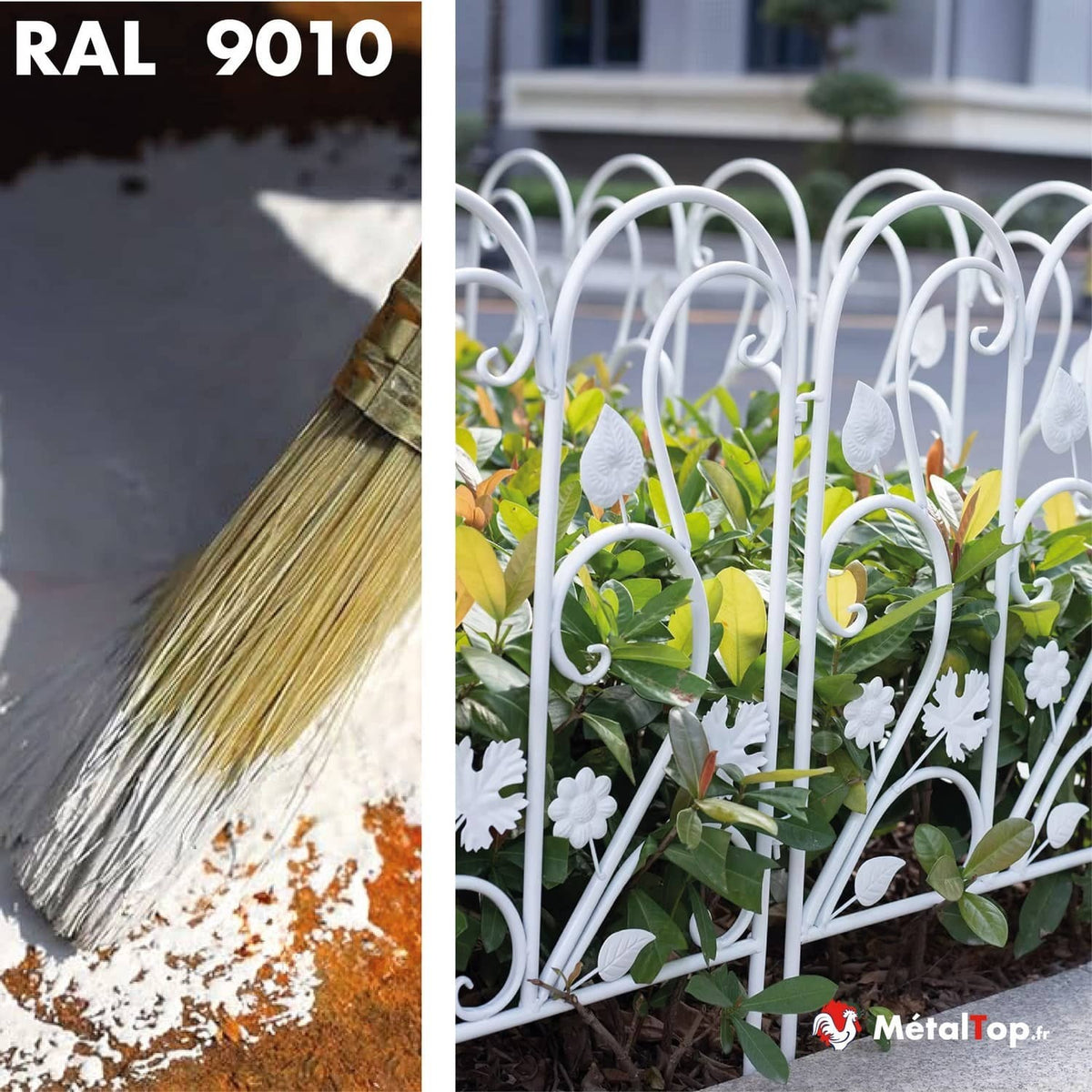 Peinture RAL 9010 sur métal rouillé et bordure de jardin blanche ornée de fleurs et feuilles