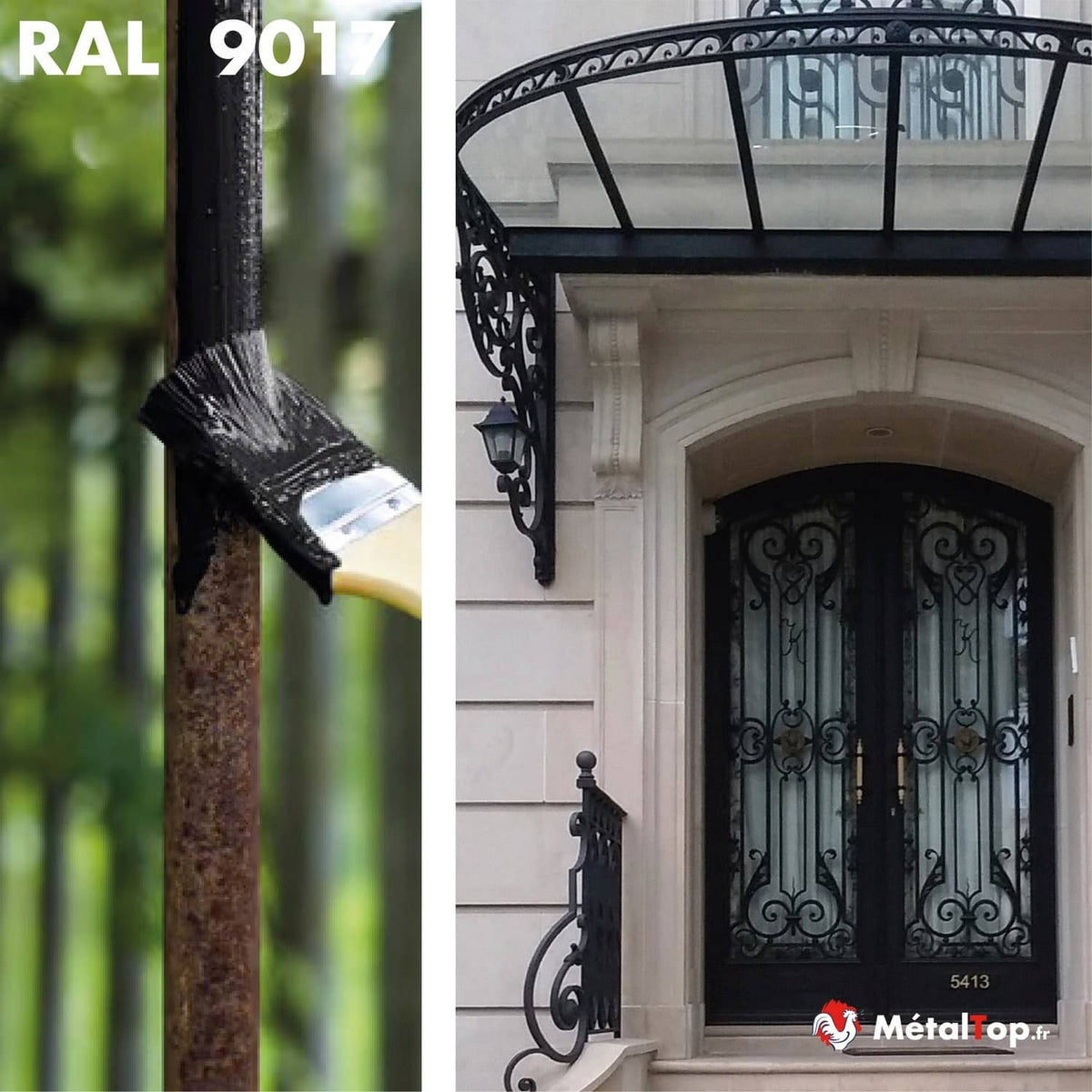 Peinture noire RAL 9017 appliquée sur métal rouillé et porte en fer forgé noir ornée de volutes