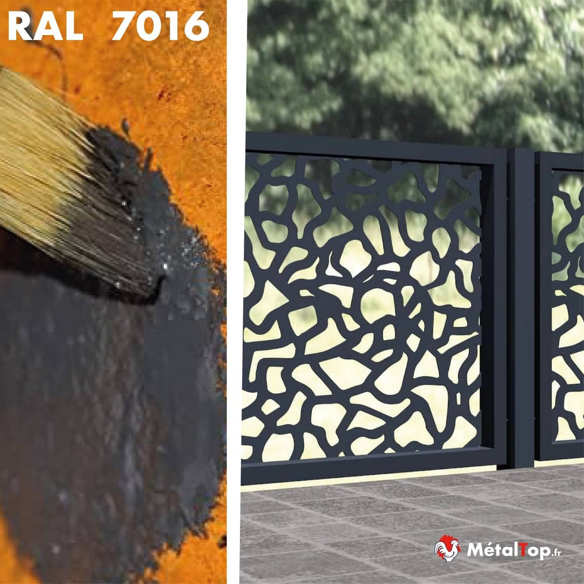 Peinture anthracite RAL 7016 appliquée sur métal rouillé, et portail à motif de pierres découpées