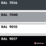 Nuancier couleurs RAL 7016, 7040, 9010 et 9017 : gris anthracite, gris clair, blanc et noir