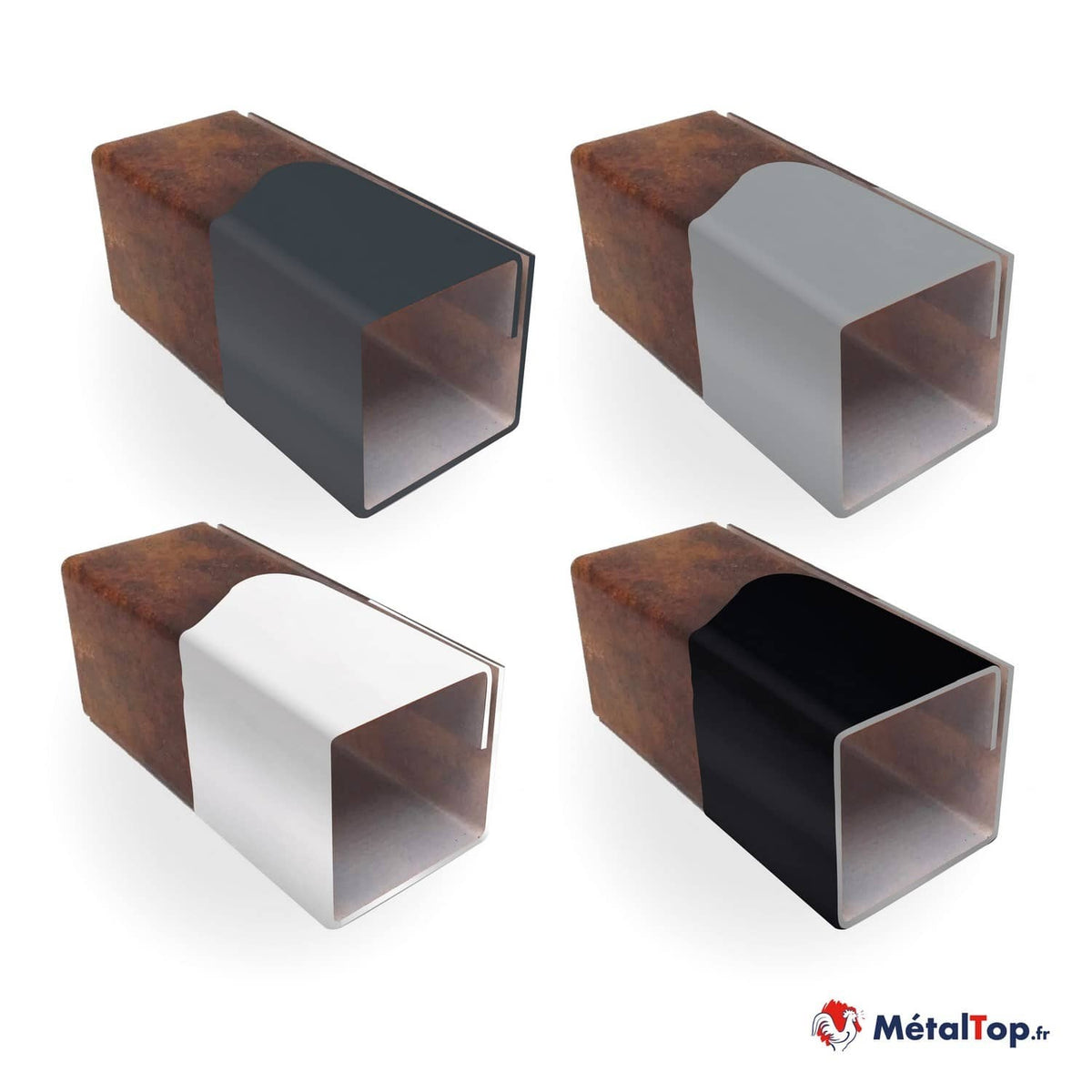 Quatre profilés rectangulaires rouillés, finitions anthracite, grise, blanche et noire