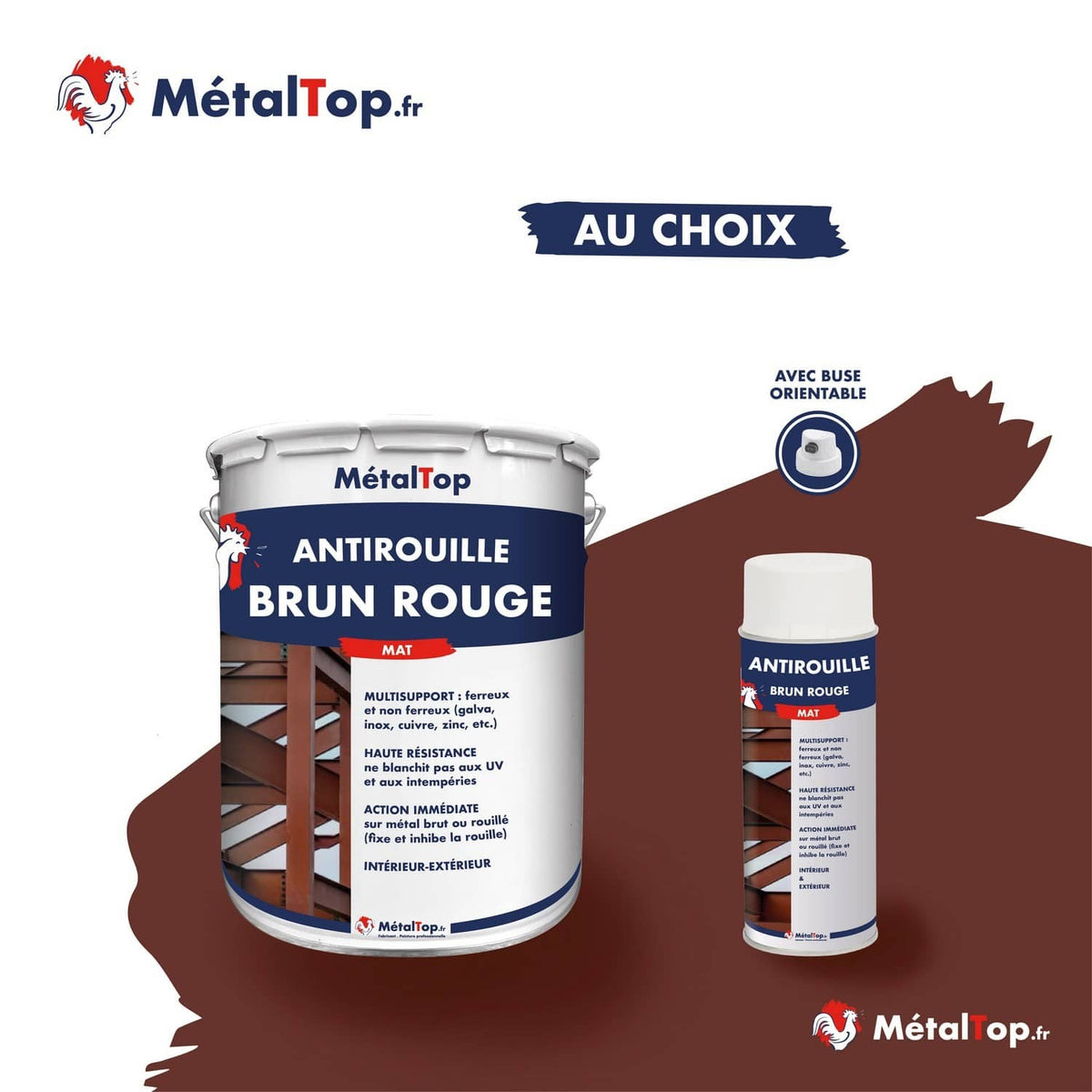 Pot de peinture antirouille brun rouge mat MétalTop et bombe aérosol assortie
