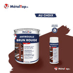 Pot de peinture antirouille brun rouge mat MétalTop et bombe aérosol assortie