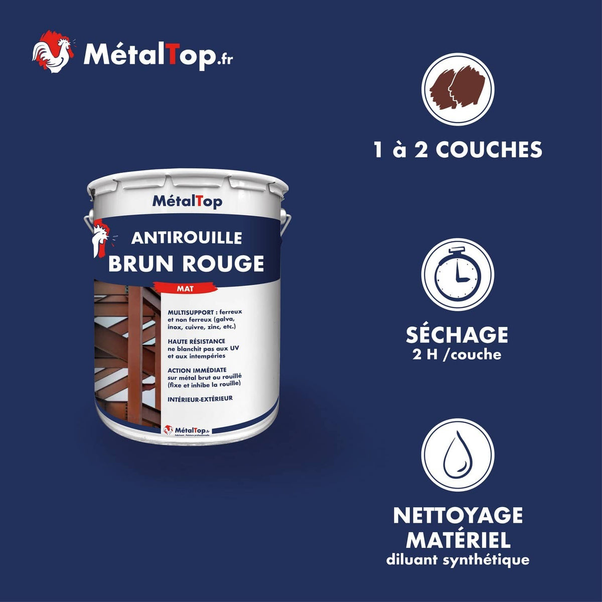 Pot de peinture antirouille brun rouge mat MétalTop, séchage 2 h par couche, multisupport
