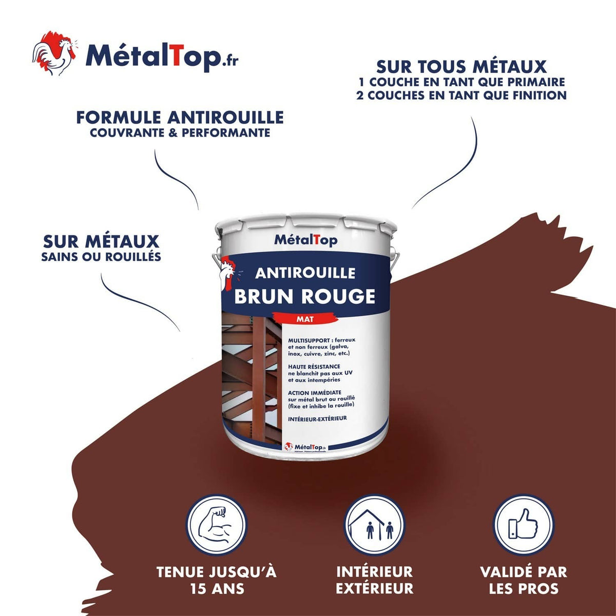 Pot de peinture antirouille brun rouge mat MétalTop pour métaux sains ou rouillés