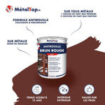 Pot de peinture antirouille brun rouge mat MétalTop pour métaux sains ou rouillés