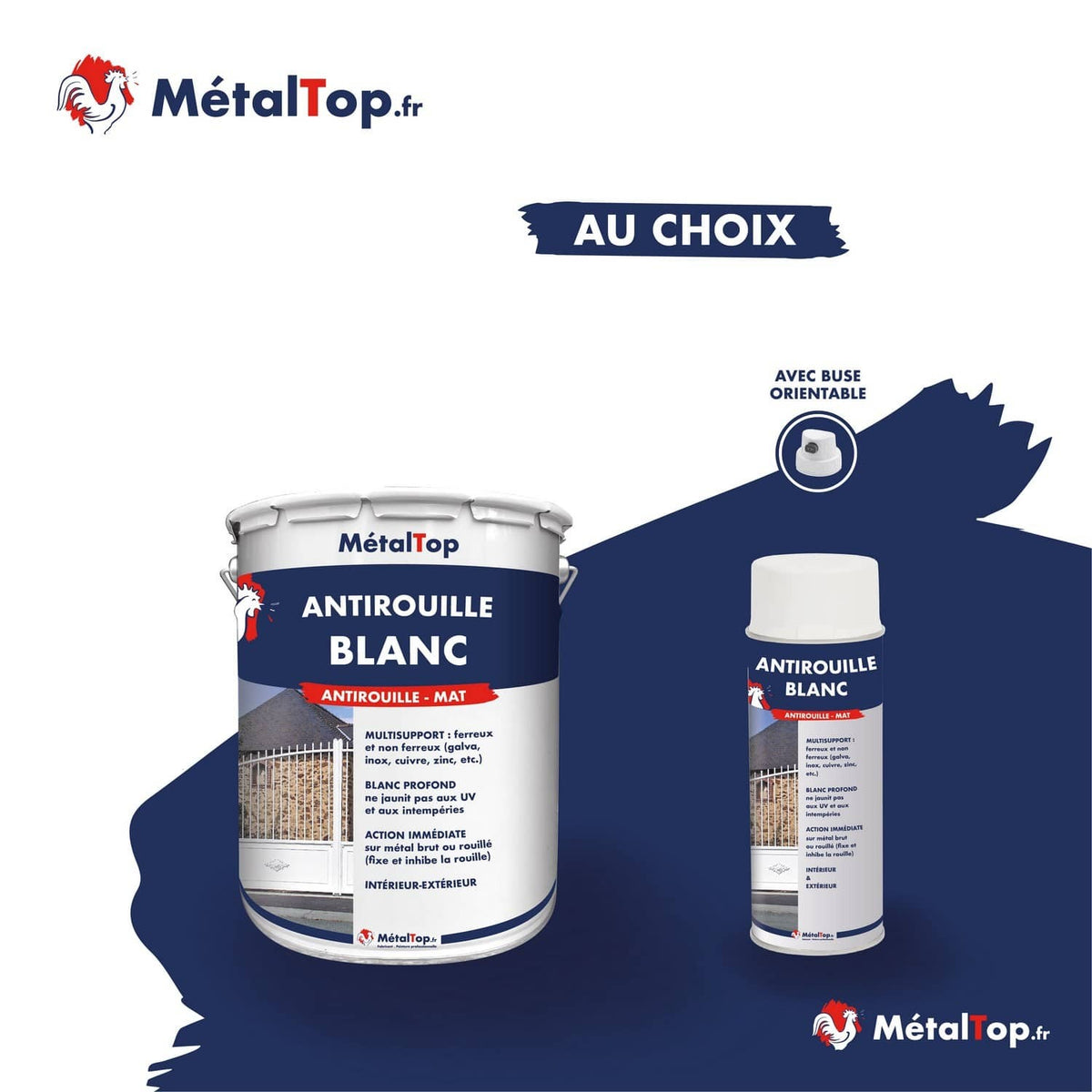 Pot et bombe aérosol de peinture antirouille blanc mat MétalTop