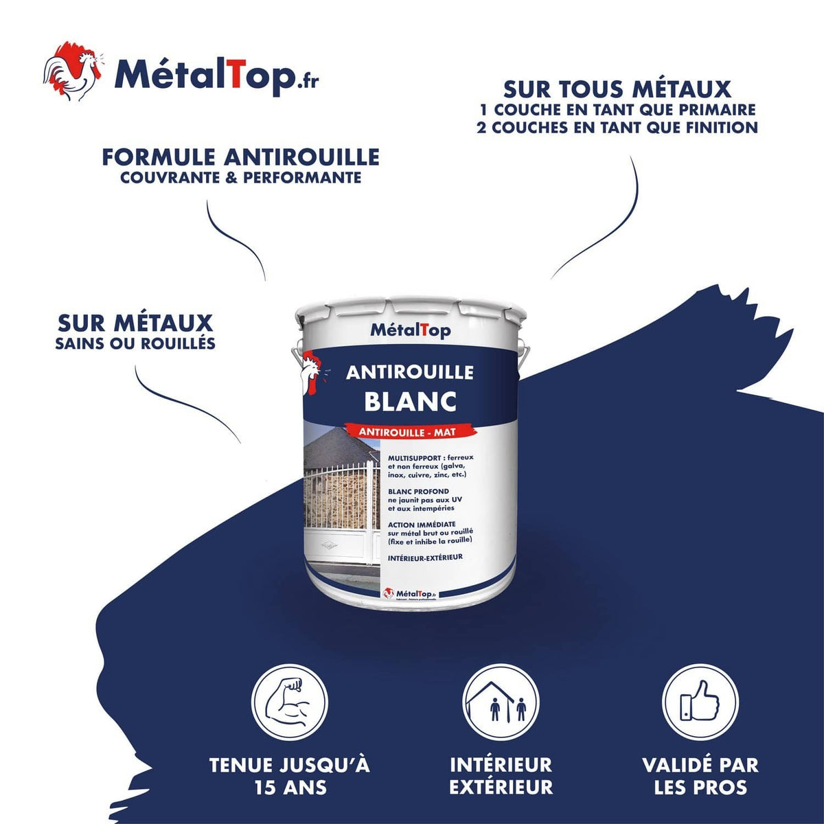 Pot de peinture antirouille blanc mat MétalTop pour métaux ferreux et non ferreux