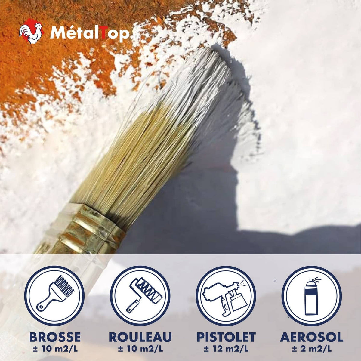 Peinture antirouille MétalTop : rendements au litre à la brosse, rouleau, pistolet et aérosol