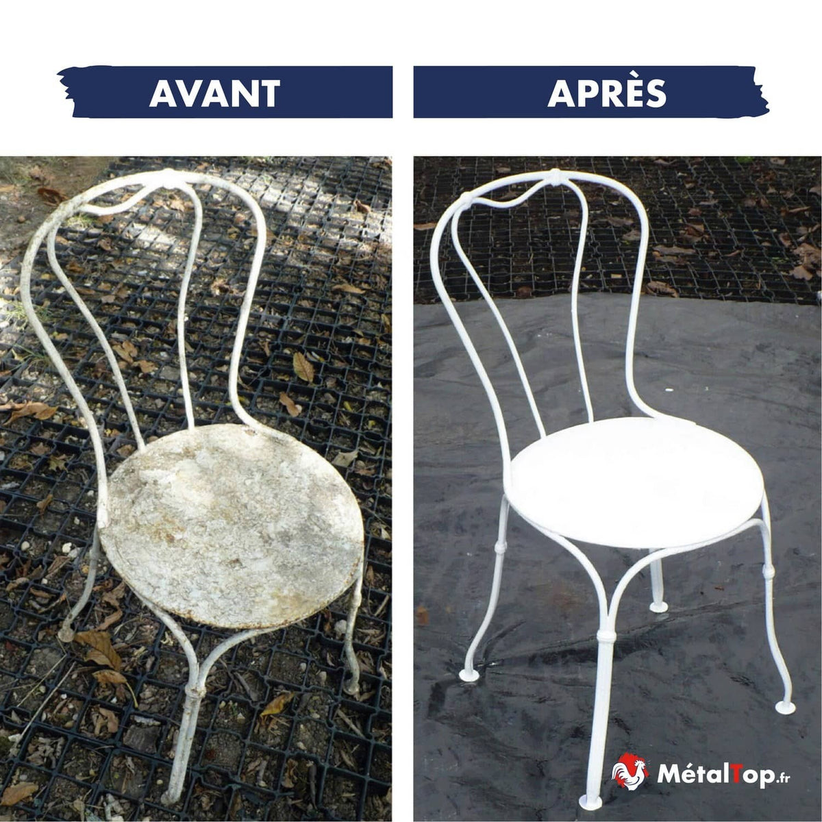 Chaise en métal blanc avant/après : peinture écaillée et rouillée, puis finition blanche neuve