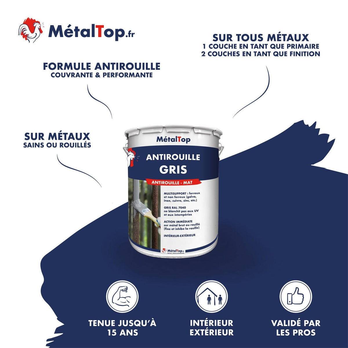 Pot de peinture antirouille MétalTop gris RAL 7040, finition mate, multisupport