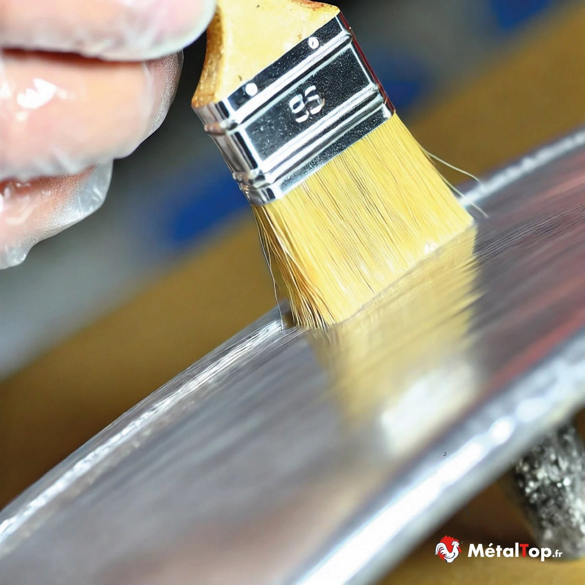 Pinceau plat appliquant un produit clair sur une barre métallique brillante