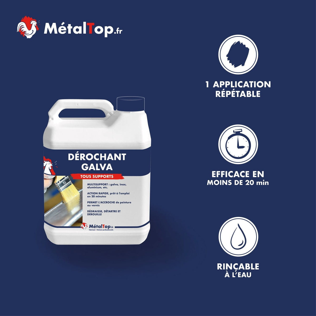 Bidon blanc Dérochant Galva MétalTop tous supports, efficace en 20 minutes, rinçable à l'eau