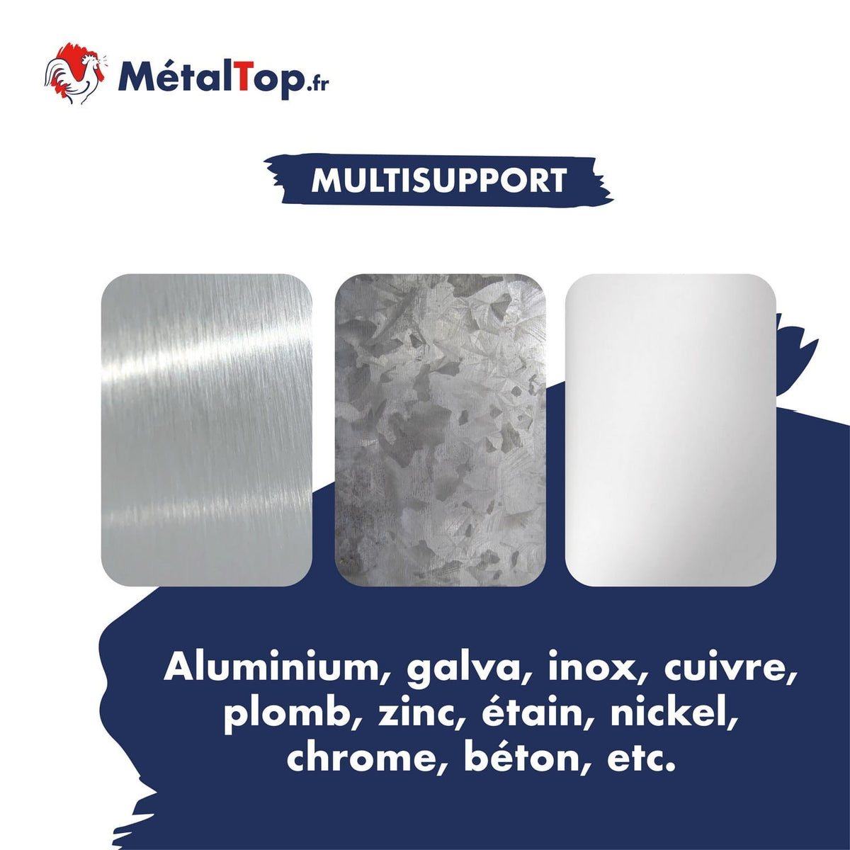 Trois plaques métalliques (aluminium brossé, galva, inox) sur fond bleu, visuel MétalTop multisupport