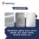 Trois plaques métalliques (aluminium brossé, galva, inox) sur fond bleu, visuel MétalTop multisupport