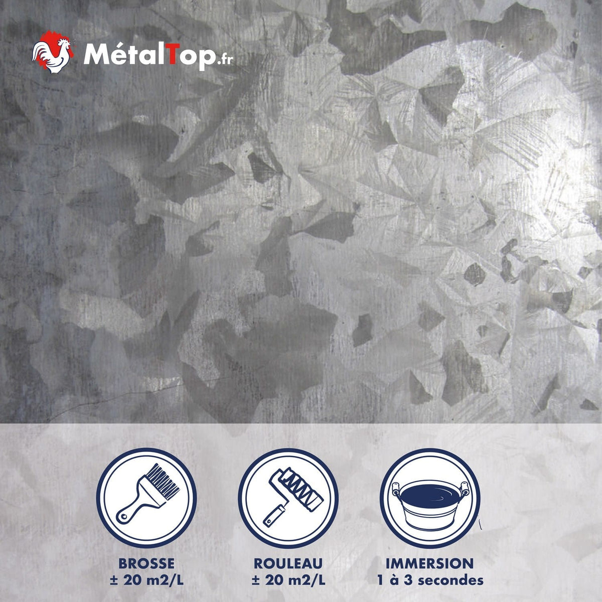 Tôle galvanisée à cristaux de zinc ; pictogrammes brosse et rouleau ±20 m²/L, immersion 1 à 3 secondes