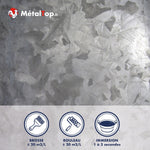 Tôle galvanisée à cristaux de zinc ; pictogrammes brosse et rouleau ±20 m²/L, immersion 1 à 3 secondes