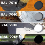 Teintes RAL 7016, 7040, 9010 et 9017 appliquées au pinceau sur supports métalliques rouillés
