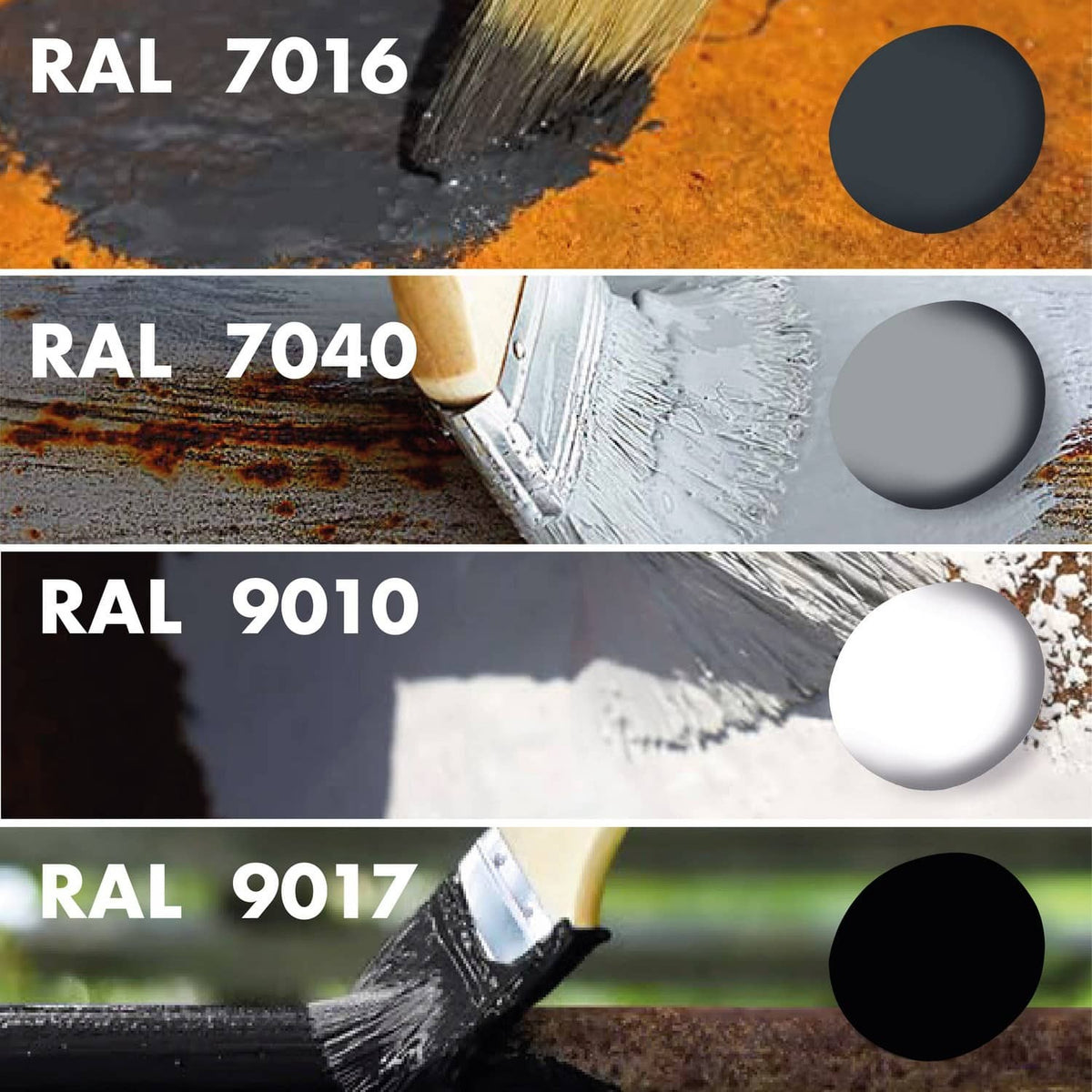 Teintes RAL 7016, 7040, 9010 et 9017 appliquées au pinceau sur supports métalliques rouillés